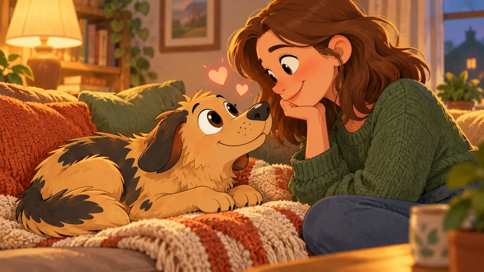 Rex and his owner gaze at one another on a sofa, with small illustrated hearts between them.